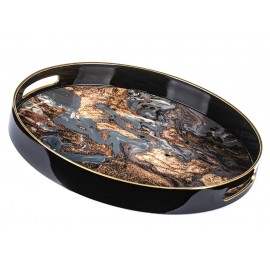 TACA OKRĄGŁA CZARNA ZŁOTA 37cm Z UCHWYTAMI 35 40 DEKORACYJNA NOWOCZESNA