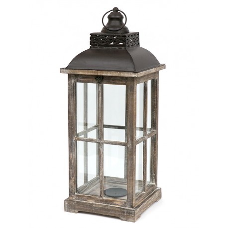 LATARNIA LAMPION BRĄZOWY DREWNIANY 60cm METALOWY Z UCHWYTEM RETRO POSTARZANY