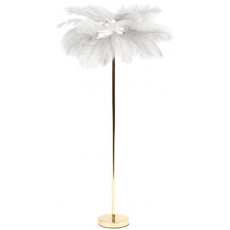 LAMPA PODŁOGOWA PIÓRA BIAŁA ZŁOTA 160cm Z KLOSZEM Z PIÓR METALOWA GLAMOUR STOJĄCA