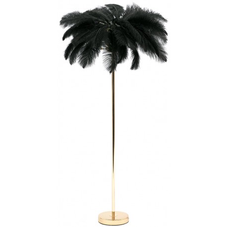 LAMPA PODŁOGOWA PIÓRA CZARNA ZŁOTA 160cm Z KLOSZEM Z PIÓR METALOWA GLAMOUR STOJĄCA