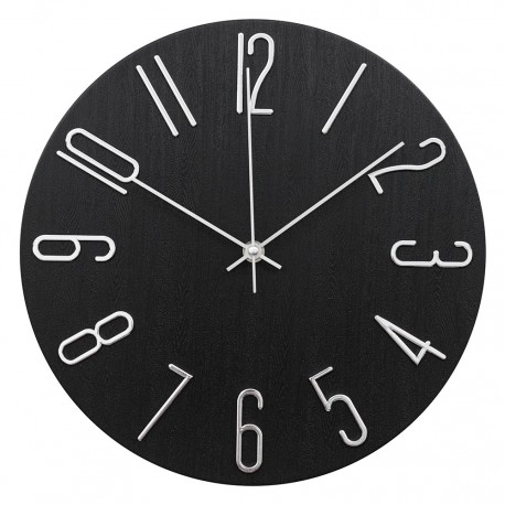 ZEGAR ŚCIENNY CZARNY SREBRNY 30cm QUARTZ EFEKT DREWNA NOWOCZESNY OKRĄGŁY