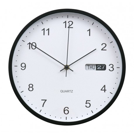ZEGAR ŚCIENNY BIAŁY CZARNY 30cm Z DATOWNIKIEM QUARTZ NOWOCZESNY OKRĄGŁY