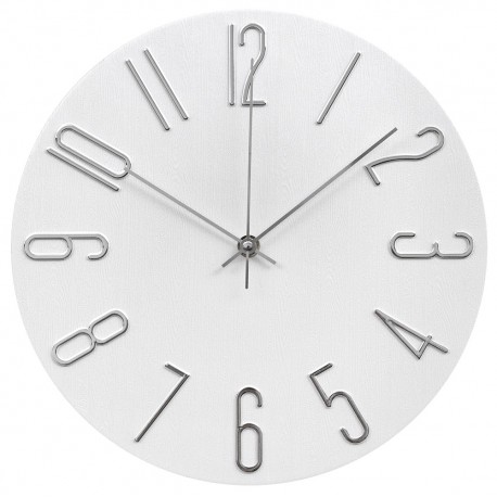 ZEGAR ŚCIENNY BIAŁY SREBRNY 30cm QUARTZ EFEKT DREWNA NOWOCZESNY OKRĄGŁY