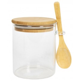 POJEMNIK SZKLANY SŁOICZEK Z BAMBUSOWĄ POKRYWKĄ 10cm Z ŁYŻECZKĄ 400ml SŁOIK