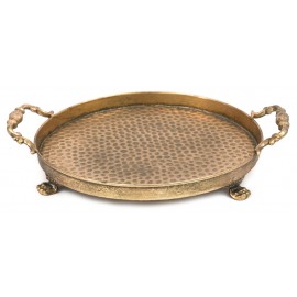 TACA OKRĄGŁA METALOWA RETRO ZŁOTA 30cm POSTARZANA Z UCHWYTAMI DEKORACYJNA