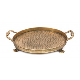 TACA OKRĄGŁA METALOWA RETRO ZŁOTA 25cm POSTARZANA Z UCHWYTAMI DEKORACYJNA