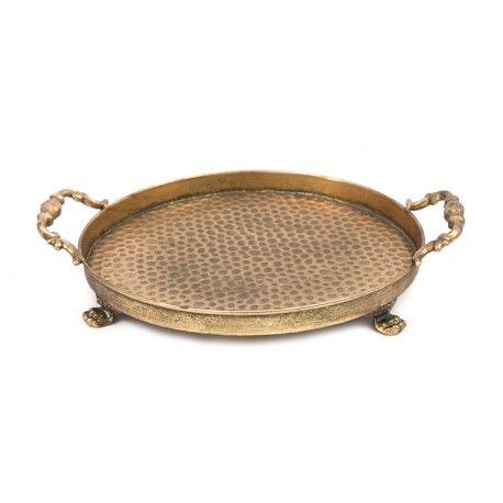 TACA OKRĄGŁA METALOWA RETRO ZŁOTA 25cm POSTARZANA Z UCHWYTAMI DEKORACYJNA