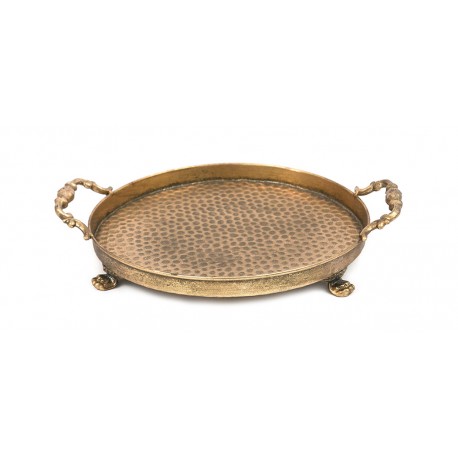TACA OKRĄGŁA METALOWA RETRO ZŁOTA 20cm POSTARZANA Z UCHWYTAMI DEKORACYJNA