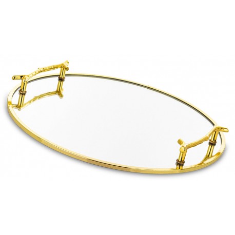 TACA ZŁOTA LUSTRZANA METALOWA GLAMOUR 30cm PODSTAWKA Z LUSTREM UCHWYTAMI