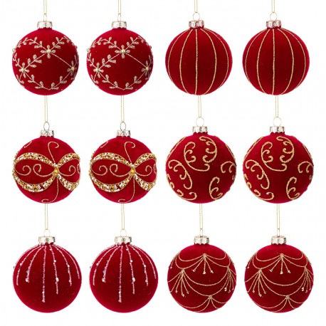 BOMBKI CHOINKOWE AKSAMITNE 8cm CZERWONE ZŁOTE KPL 12szt BOMBKA NA CHOINKĘ