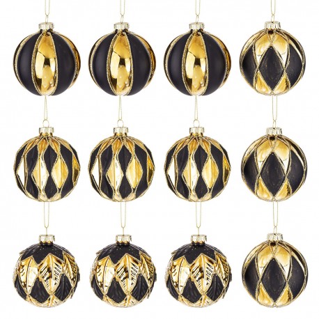 BOMBKI CHOINKOWE Z BROKATEM 8cm ZŁOTE CZARNE KPL 12szt BOMBKA NA CHOINKĘ