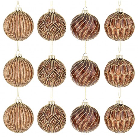 BOMBKI CHOINKOWE Z BROKATEM 8cm BRĄZOWE ZŁOTE KPL 12szt BOMBKA NA CHOINKĘ
