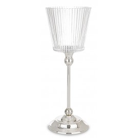 ŚWIECZNIK SREBRNY 35cm NA NÓŻCE ZE SZKLANYM KLOSZEM GLAMOUR NOWOCZESNY
