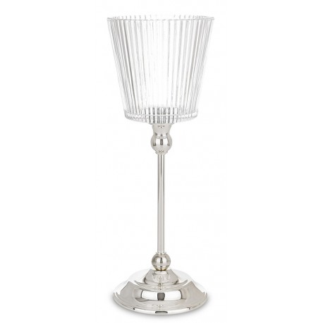 ŚWIECZNIK SREBRNY 35cm NA NÓŻCE ZE SZKLANYM KLOSZEM GLAMOUR NOWOCZESNY