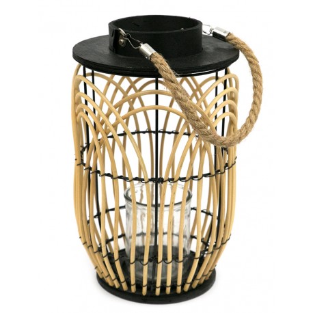 LAMPION RATTANOWY BRĄZOWY CZARNY 30cm Z UCHWYTEM ZE SZNURA JUTOWEGO