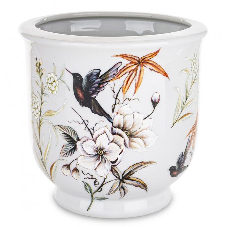 DONICZKA OSŁONKA BIAŁA CERAMICZNA 16×16cm Z MOTYWEM KWIATÓW I PTAKÓW 15