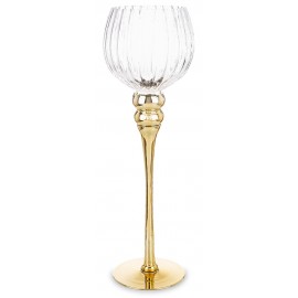 ŚWIECZNIK SZKLANY KIELICH 40cm ZŁOTY PRZEZROCZYSTY PRĄŻKOWANY