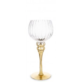 ŚWIECZNIK SZKLANY KIELICH 30cm ZŁOTY PRZEZROCZYSTY PRĄŻKOWANY