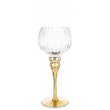ŚWIECZNIK SZKLANY KIELICH 30cm ZŁOTY PRZEZROCZYSTY PRĄŻKOWANY NA 1 ŚWIECĘ TEALIGHT