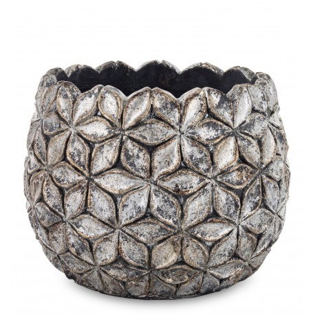 DONICZKA SREBRNA SZARA ZŁOTA 12x15cm W KWIATY LIŚCIE CEMENTOWA OSŁONKA 10