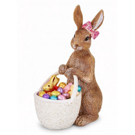 FIGURKA WIELKANOCNA KRÓLIK ZAJĄC Z KOSZYKIEM 20cm BRĄZOWA BIAŁA MISKA