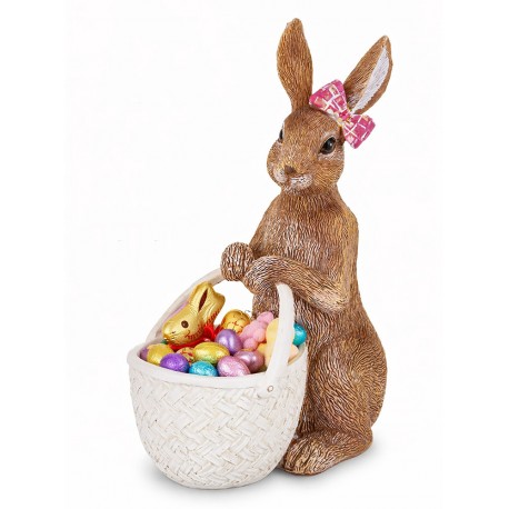 FIGURKA WIELKANOCNA KRÓLIK ZAJĄC Z KOSZYKIEM 20cm BRĄZOWA BIAŁA MISKA NA SŁODYCZE