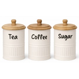 POJEMNIKI KUCHENNE METALOWE NA KAWĘ HERBATĘ CUKIER 3szt KREMOWE TEA COFFEE SUGAR