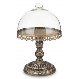 PATERA METALOWA NA NÓŻCE Z KLOSZEM 30x20cm ZŁOTA ANTYCZNA PRZYRYWKĄ RETRO POSTARZANA