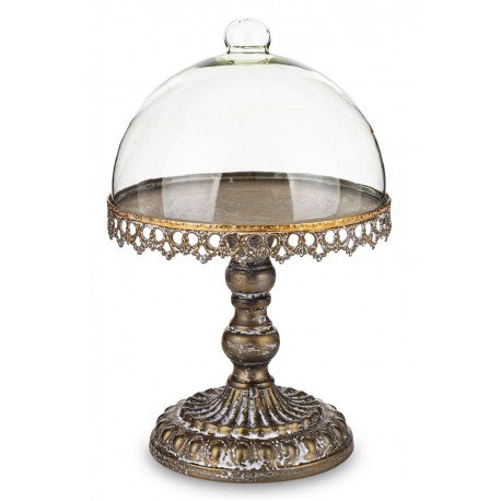 PATERA METALOWA NA NÓŻCE Z KLOSZEM 30x20cm ZŁOTA ANTYCZNA PRZYRYWKĄ RETRO POSTARZANA