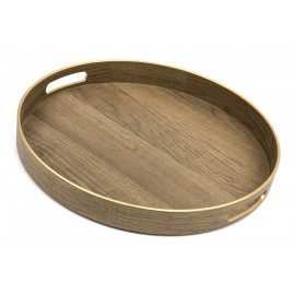 TACA OKRĄGŁA BRĄZOWA ZŁOTA 35cm Z EFEKTEM DREWNA UCHWYTAMI DEKORACYJNA