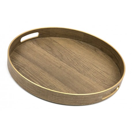 TACA OKRĄGŁA BRĄZOWA ZŁOTA 35cm Z EFEKTEM DREWNA UCHWYTAMI DEKORACYJNA