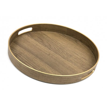 TACA OKRĄGŁA BRĄZOWA ZŁOTA 33cm Z EFEKTEM DREWNA UCHWYTAMI DEKORACYJNA 30 35