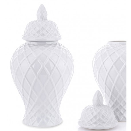 POJEMNIK CERAMICZNY BIAŁY WAZON AMFORA 37cm TŁOCZONY ROMB KARO DEKORACYJNY 35 40
