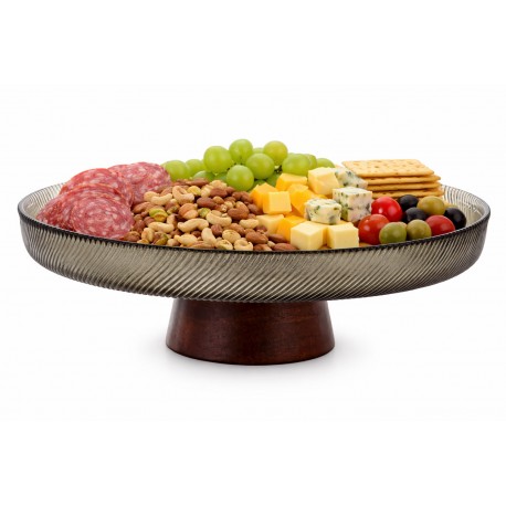 PATERA SZKLANA SZARA BRĄZOWA 25cm NA DREWNIANEJ NÓŻCE TALERZ DEKORACYJNY