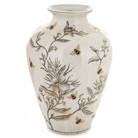 WAZON PORCELANOWY KREMOWY BEŻOWY 30cm W KWIATY PSZCZOŁY VINTAGE PROWANSALSKI