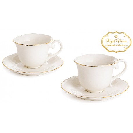 FILIŻANKA PORCELANOWA ZE SPODKIEM KPL 2szt  DO KAWY HERBATY 220ml BIAŁA ZŁOTA