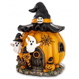 FIGURKA LED NA HALLOWEEN DOMEK DYNIA Z KAPELUSZEM POMARAŃCZOWA BIAŁA CZARNA