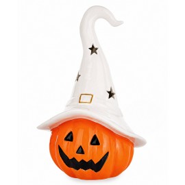 FIGURKA LED NA HALLOWEEN DYNIA Z KAPELUSZEM CZAROWNICY POMARAŃCZOWA BIAŁA