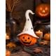 FIGURKA LED NA HALLOWEEN DYNIA Z KAPELUSZEM CZAROWNICY POMARAŃCZOWA BIAŁA