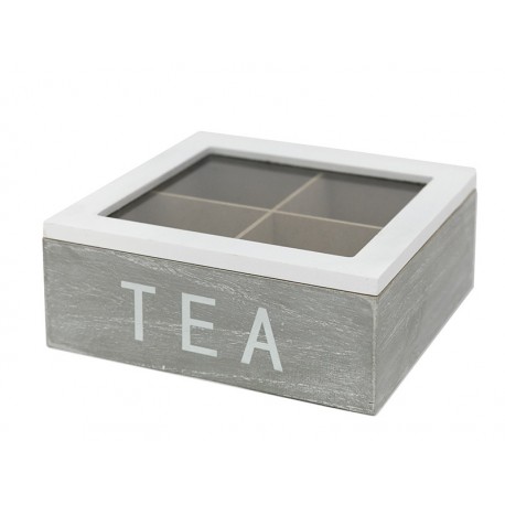 POJEMNIK PUDEŁKO TEA NA HERBATĘ DREWNIANE BIAŁE SZARE HERBACIARKA SZARA